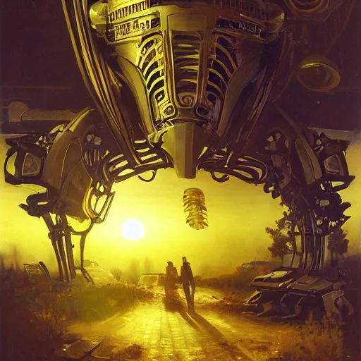 Prompt: portrait painting of syd mead artlilery scifi organic shaped android synth with ornate metal work lands on a farm, fossil ornaments, volumetric lights, purple sun, andreas achenbach