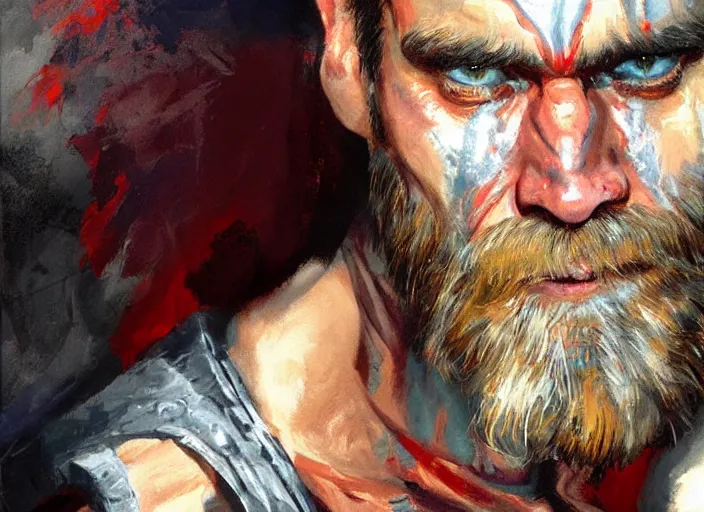 Image similar to a highly detailed beautiful portrait of jim carrey as kratos, by gregory manchess, james gurney, james jean