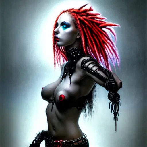 Prompt: portrait of flawless beautiful female cybergoth with blonde and red dreadlocks, dark, piercing eyes, exotic expression, esoteric clothing, photorealistic, highly detailed, mysterious lighting, artstation, smooth, sharp focus, art by michael whelan, artgerm, greg rutkowski and luis royo