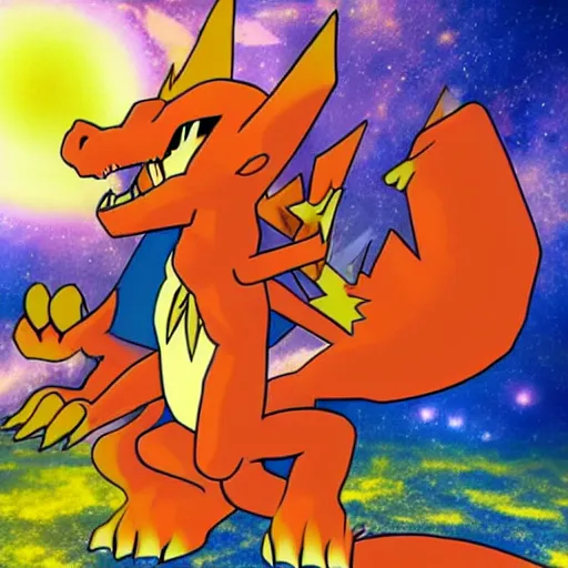 Image similar to charizard observes the space - time continuum on heroic dose of psilocybin in various realities