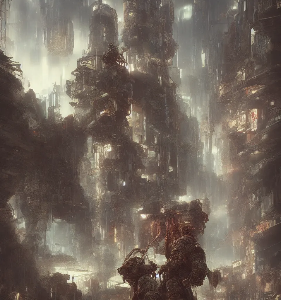 Image similar to cyberpunk gladiator, cinematic, highly detailed, octane render, cg, rich cinematic atmosphere, perfect digital art, mystical journey in strange world, Mystical, cyberpunk, tech war, sci-fi, surreal, glowing lights, sharp focus, high detailed, by Akihiko Yoshida, michael whelan and Karol Bak