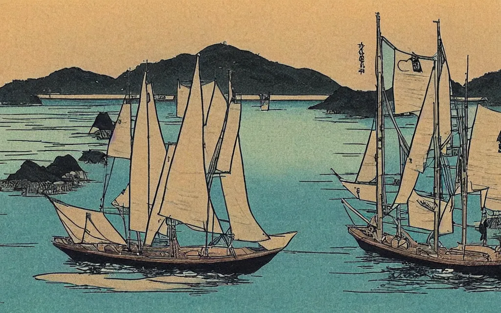 Prompt: 🌅 ⛵🌘 🌌. shin - hanga.