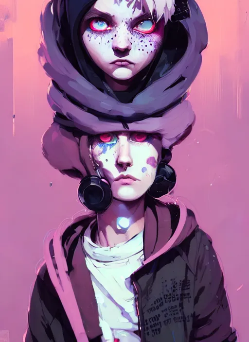 Prompt: highly detailed portrait of a sewer punk lady student, blue eyes, tartan hoodie, white hair by atey ghailan, by greg rutkowski, by greg tocchini, by james gilleard, by joe fenton, by kaethe butcher, gradient purple, black, brown and pink color scheme, grunge aesthetic!!! ( ( graffiti tag wall background ) )