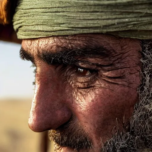 Prompt: Close up of a Kurdish shepherd wearing Kurdish Kurdish Kurdish clothes in a movie directed by Christopher Nolan, movie still frame, promotional image, imax 70 mm footage