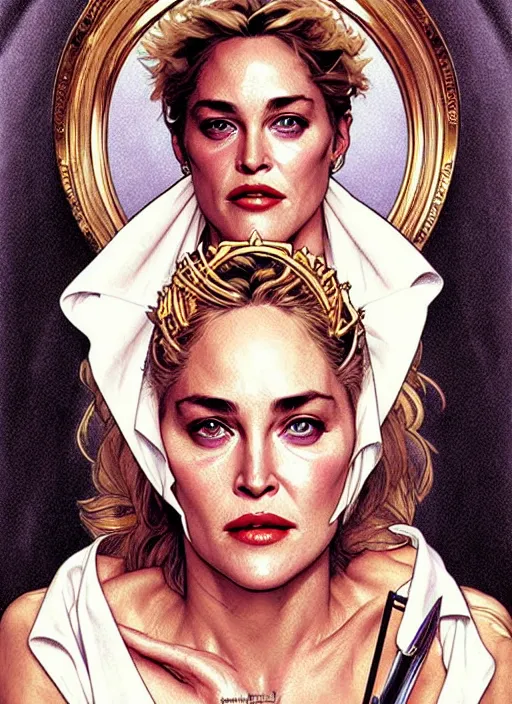 Image similar to young sharon stone as a serial killer queen, incredibly detailed face, light half opened dress, true anatomy, art by artgerm and greg rutkowski and alphonse mucha