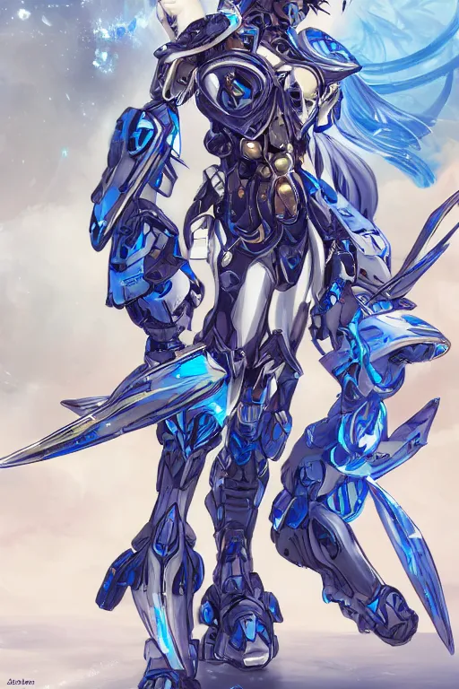 Image similar to full body portrait of a beautiful and gorgeous female azure mech warrior by Masamune Shirow, centered, manga, single face, trending on artstation, WLOP, detailed, intricate, elegant, golden ratio, rule of thirds, good composition, sfw version