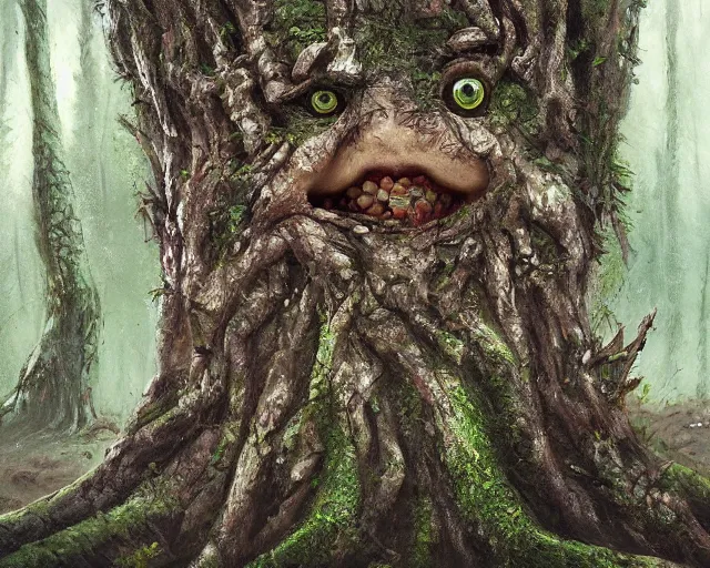 Image similar to a talking tree, a face in the bark, big eyes, fantasy concept art, oil painting, hyperrealistic, highly detailed, artstation, cgsociety, in the forest