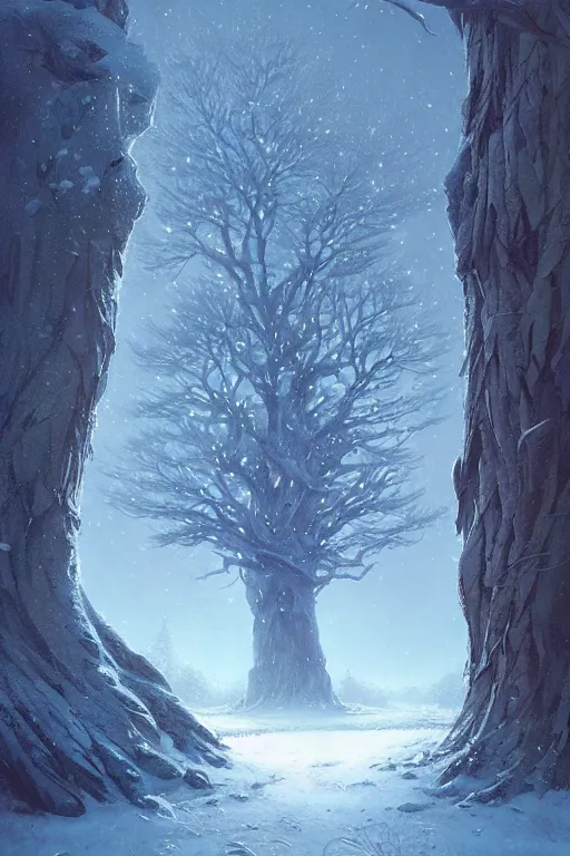 Image similar to giant tree in snow, unreal engine, fantasy art by greg rutkowski, loish, rhads, ferdinand knab, makoto shinkai and lois van baarle, ilya kuvshinov, rossdraws, tom bagshaw, global illumination, radiant light, detailed and intricate environment