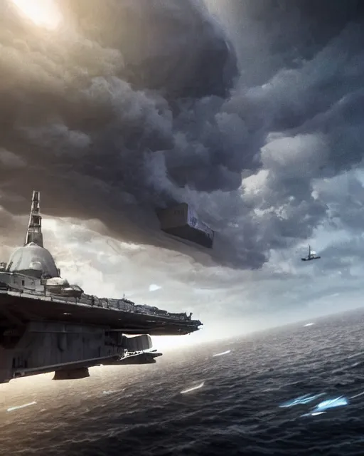 Prompt: view from an aircraft carrier of stormy seas, a gigantic star destroyer spaceship flying overhead, stormy weather, unreal engine, hyper realism, realistic shading, cinematic composition, realistic render, octane render, detailed textures, photorealistic, ultrawide shot, 16mm lens