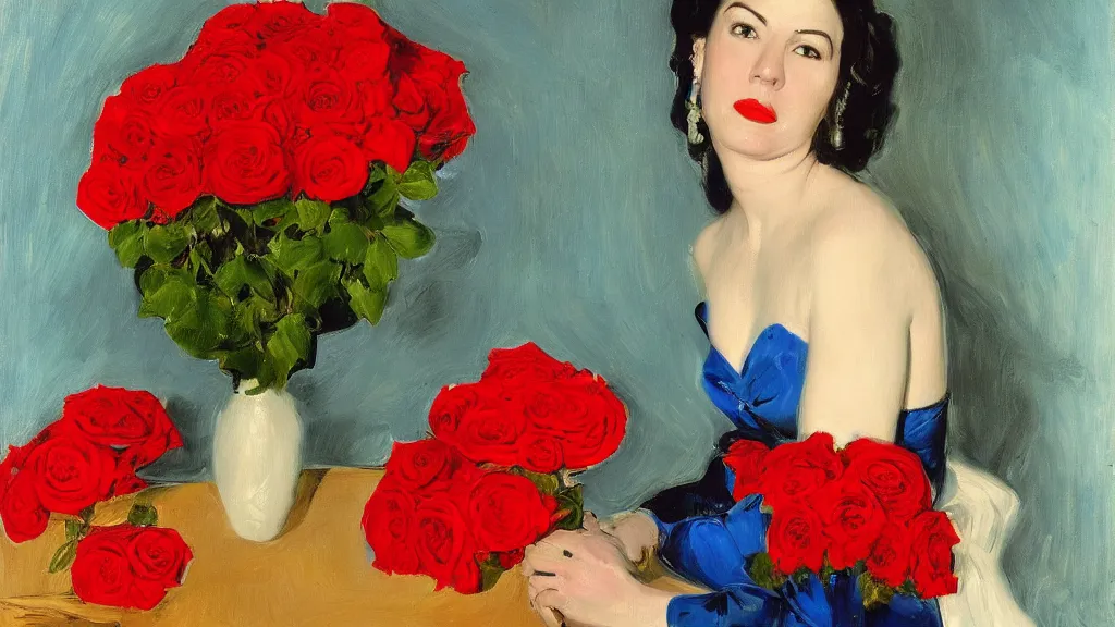 Image similar to portrait of rebekah delrio in mulholland drive, big persian detailed pot of red roses, blue and red lights painted by john singer sargent