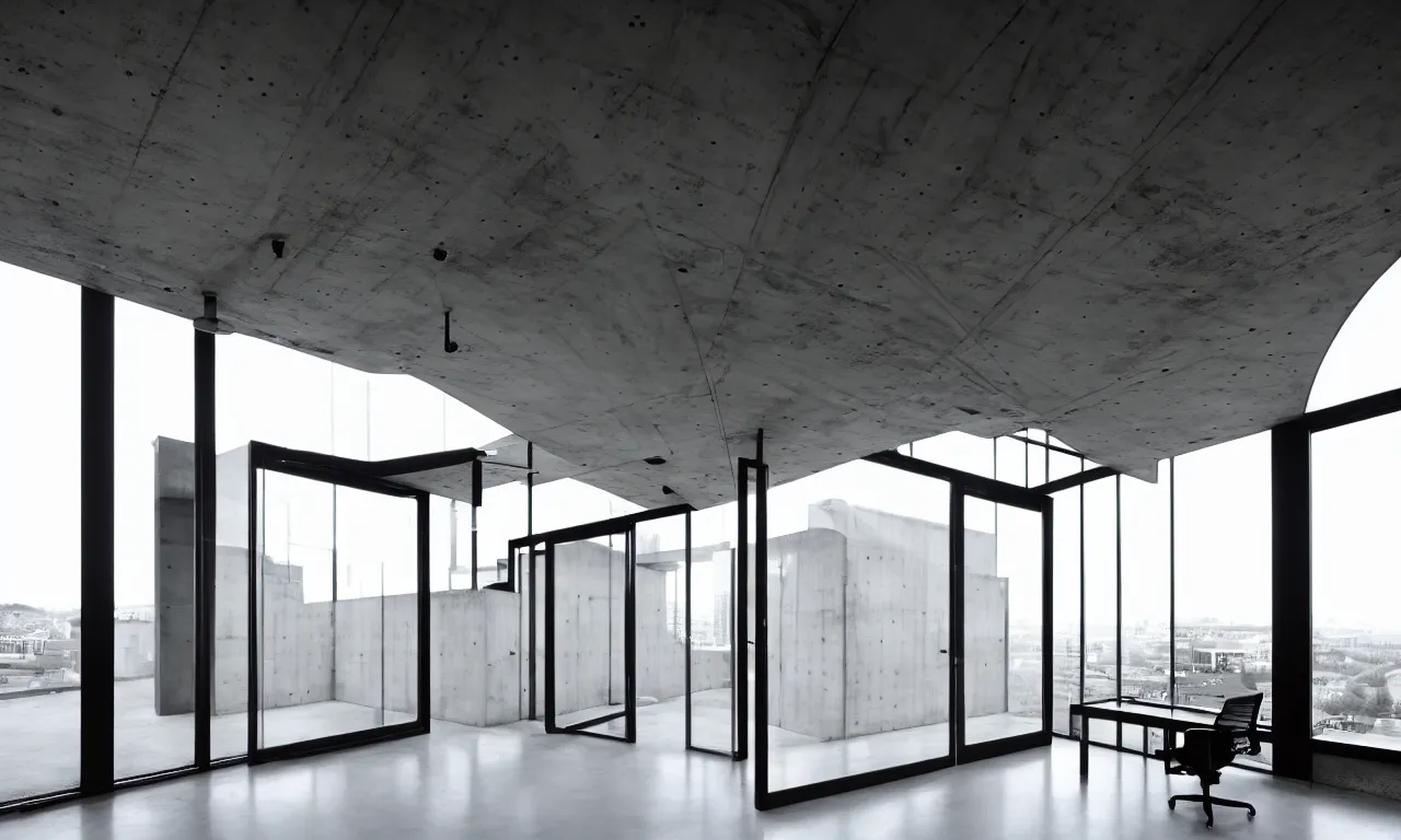 Prompt: inside of big modern designer's office, architecture, window, concrete, steel, glass