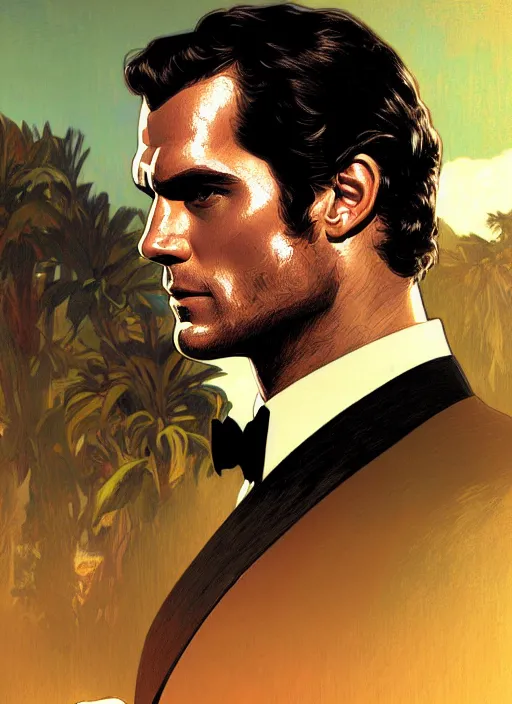 Image similar to portrait of henry cavill as james bond, casino, key art, sprinting, palm trees, highly detailed, digital painting, artstation, concept art, cinematic lighting, sharp focus, illustration, by gaston bussiere alphonse mucha