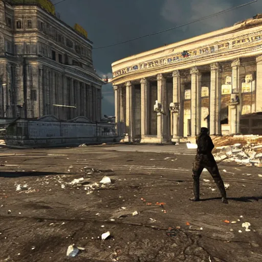 Image similar to Bolshoi Theater, Moscow in ruins post-nuclear war in Fallout 4, in game screenshot
