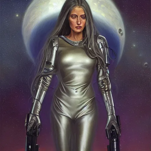 Image similar to pleiadian woman with big eyes and long silver hair wearing a dark body suit and holding a plasma gun as a realistic sci fi character, portrait art by donato giancola and greg rutkowski, digital art, trending on artstation, standing in a barren field, long silver hair, full body