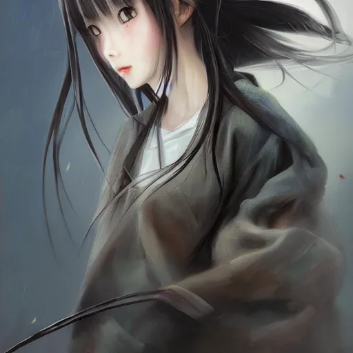 Image similar to dynamic composition, motion, ultra-detailed, incredibly detailed, a lot of details, amazing fine details and brush strokes, colorful and grayish palette, smooth, HD semirealistic anime CG concept art digital painting, watercolor oil painting of a Japanese schoolgirl, by a Chinese artist at ArtStation, by Huang Guangjian, Fenghua Zhong, Ruan Jia, Xin Jin and Wei Chang. Realistic artwork of a Chinese videogame, gradients, gentle an harmonic grayish colors.