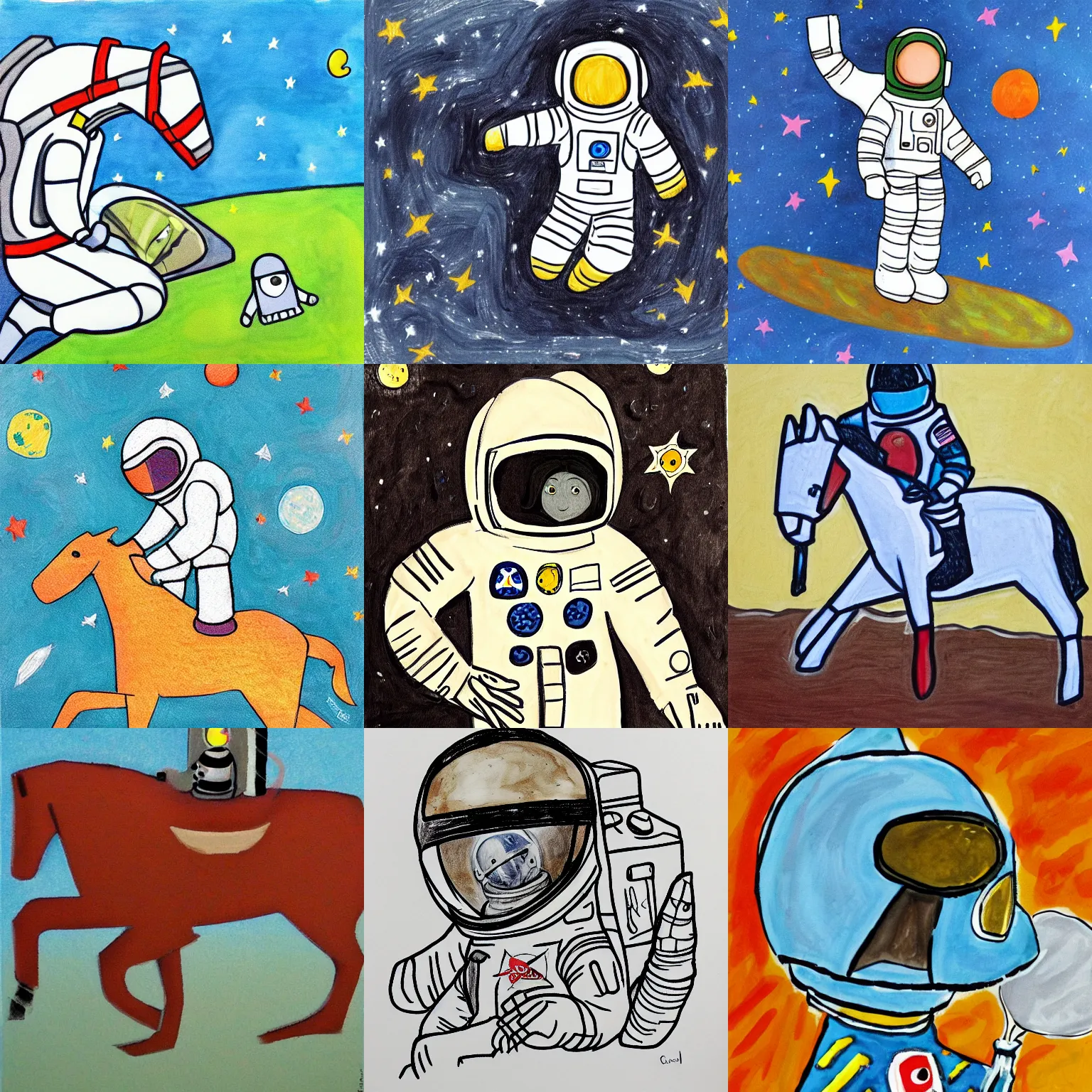 Prompt: a astronaut under horse. child art