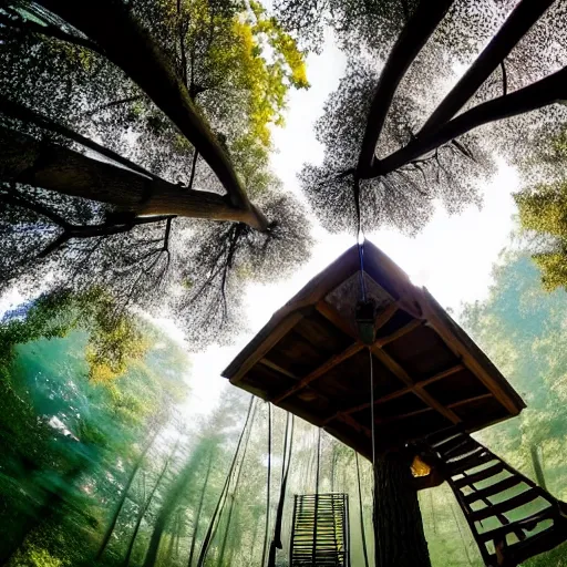 Image similar to A pov in a tree house, photo national geographic, gopro, ultrahd, morning mist, beautiful
