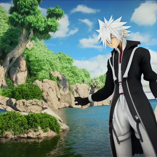 Image similar to a white haired anime character holding out his hand in front of a body of water, a screenshot by michelangelo, deviantart contest winner, vanitas, official art, unreal engine 5, unreal engine. kingdom hearts opening. kingdom hearts cinematic.