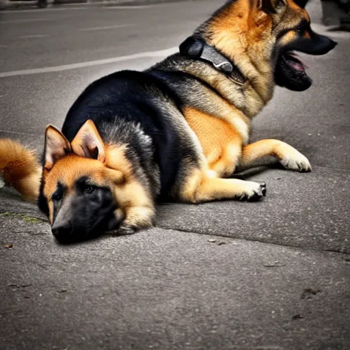 Image similar to a german shepherd shiba inu mix dog lying on the street in ancient florence, high quality digital art, photo realism, cinematic lighting, moody lighting