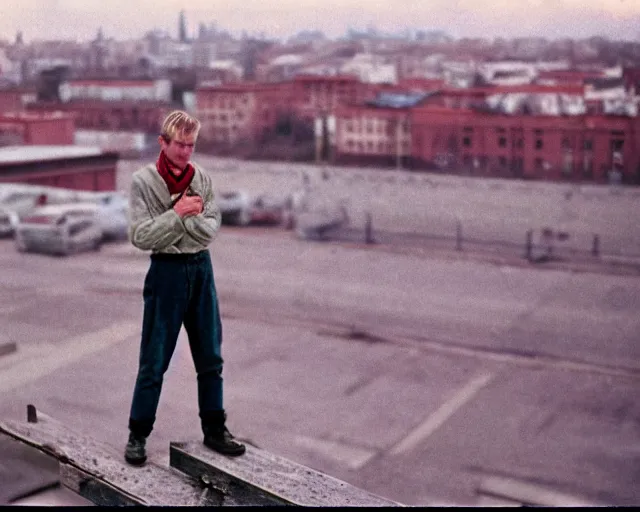 Image similar to lomo photo of man standing on the roof of soviet hrushevka, small town, cinestill, bokeh, out of focus