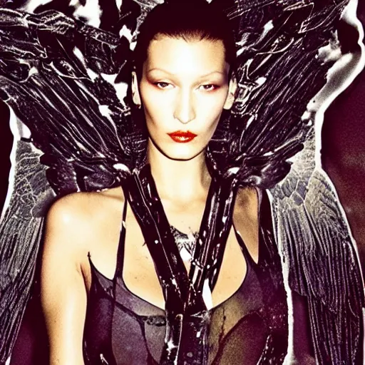 Image similar to bella hadid as maison margiela model on rammstein show. exposure. mysterious. tape photo. processing. lost photo. deep dream effect. award wining photography.. perfect composition. photography masterpiece. iron fire angel