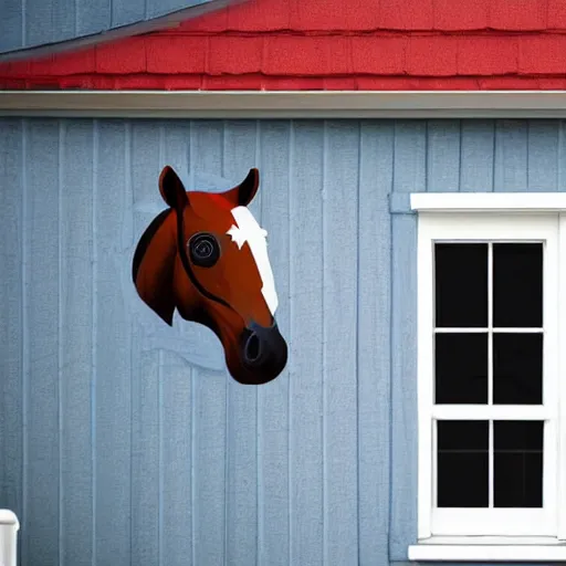 Prompt: photo of a horse wearing a captain america costume looking into a lounge window in a house