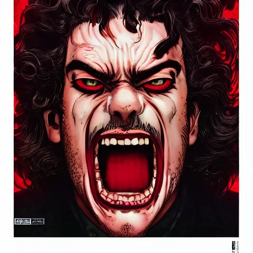 Image similar to portrait of crazy screaming post malone with red eyes like hal 9 0 0 0, as vampire, symmetrical, by yoichi hatakenaka, masamune shirow, josan gonzales and dan mumford, ayami kojima, takato yamamoto, barclay shaw, karol bak, yukito kishiro