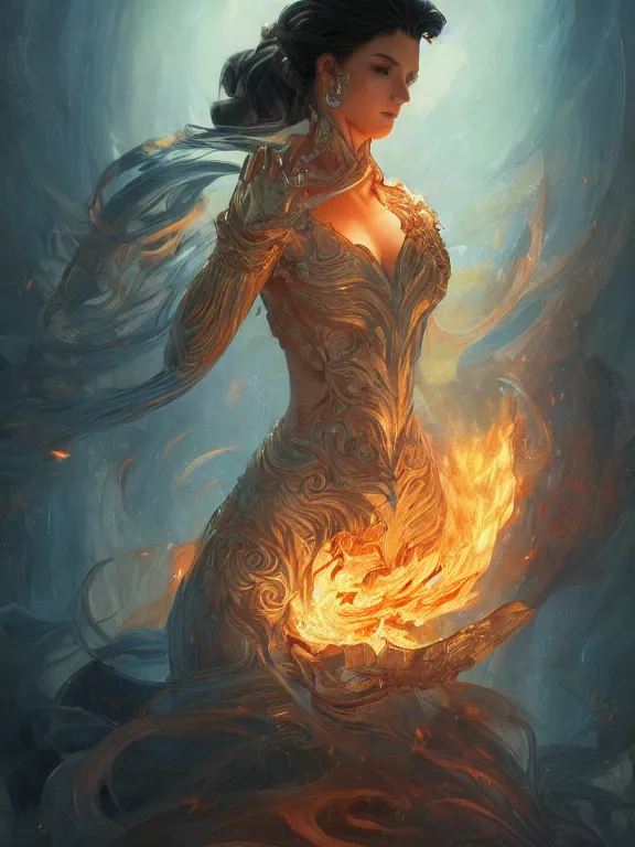 Image similar to powerful summoner with a fire elemental, fantasy, man, intricate, elegant, highly detailed, digital painting, artstation, concept art, wallpaper, smooth, sharp focus, illustration, art by artgerm and greg rutkowski and alphonse mucha