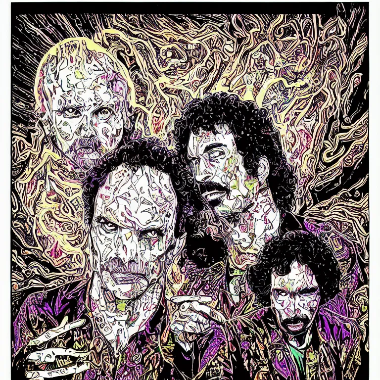 Prompt: beautiful colorful hyperrealist highly detailed psychedelic blacklight poster'zombie darryl hall and john oates ', psychedelic art nouveau, beautiful high contrast colored wood engraving, moebius comic style, shocking detail trending on artstation 8 k