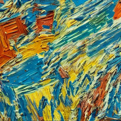 Prompt: oil paint impasto relief, icy mountain, multi layered abstract texture thick brush marks, some splattered paint, in the style of van gogh and frank auerbach