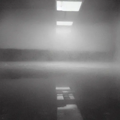 Prompt: Beautiful cameraphone 2000s, liminal soft Photograph of foggy abandoned Store with water on the floor