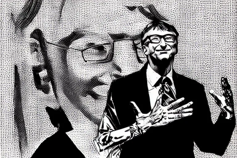 Image similar to bill gates doing a presentation, a page from cyberpunk 2 0 2 0, style of paolo parente, style of mike jackson, adam smasher, johnny silverhand, 1 9 9 0 s comic book style, white background, ink drawing, black and white