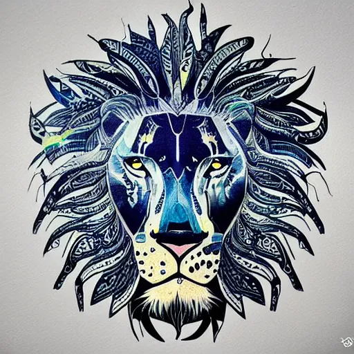 Image similar to “painted lion, dotart, album art in the style of James Jean”