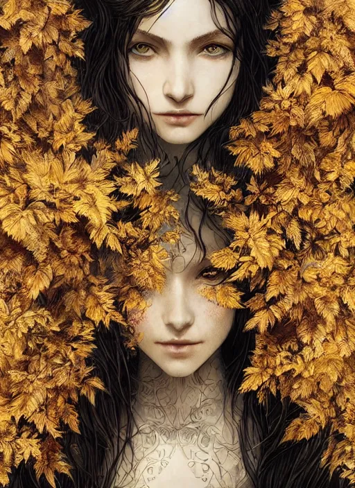 Image similar to golden leaves at frame border, creative!!! composition for a book cover!!!, absurdly beautiful, ultrafine hyperrealistic detailed old witch face by wlop and artgerm and greg rutkowski, intricate linework, sharp focus, smooth, octopath traveler, final fantasy, unreal engine, dramatic lighting, ethereal, 8 k