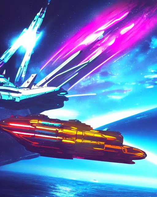 Prompt: Detailed epic render of scifi space battleship with vivid neon colors and atmosphere