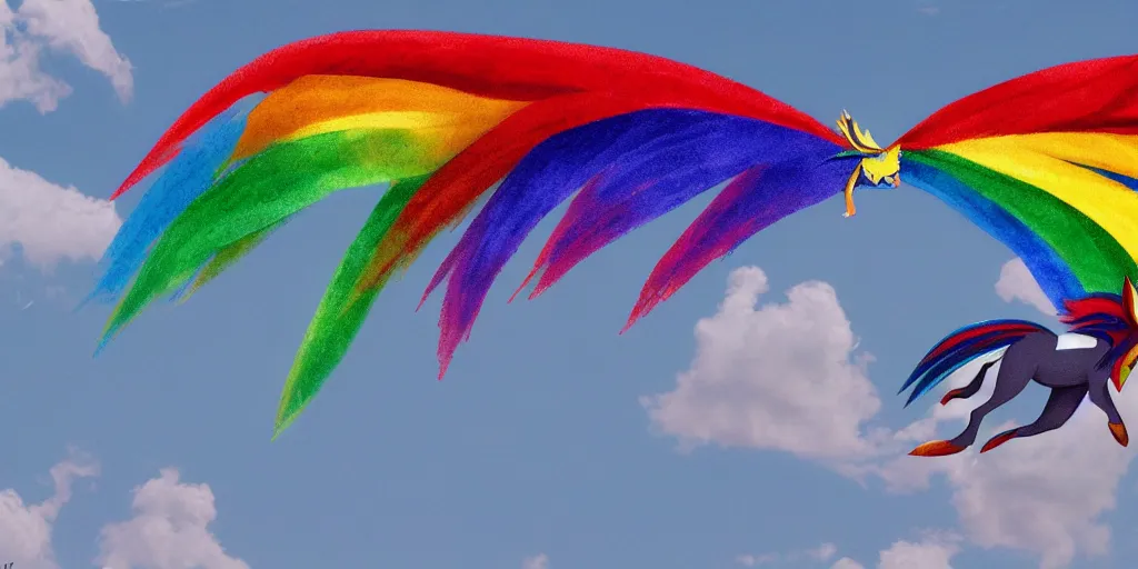 Image similar to rainbow dash flying through the skies of seville