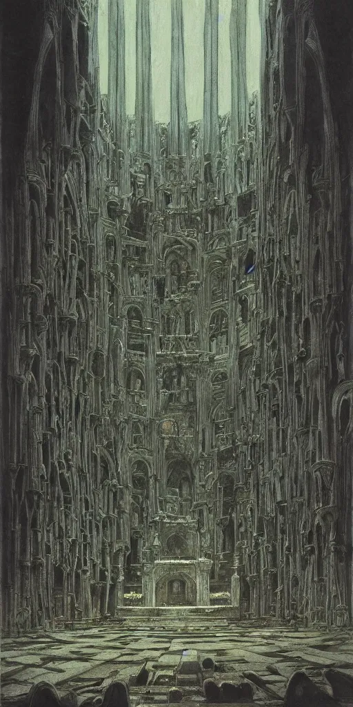 Image similar to Artwork by John Howe of the cinematic view of the Sanctuary of the Executioner.