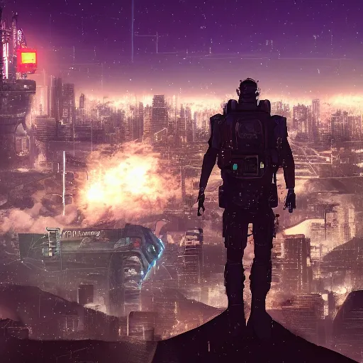 Image similar to The armed sole survivor stands on the hill watching a Apocalyptic city on a clear stars night, cyberpunk digital art