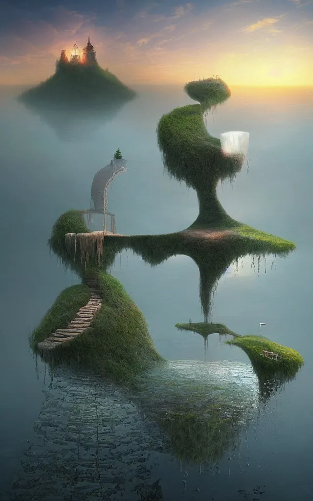 Image similar to a surreal landscape at sunset with a immense gigantic ornated iron chalice cup with a lake inside, water in excess dropping by gediminas pranckevicius