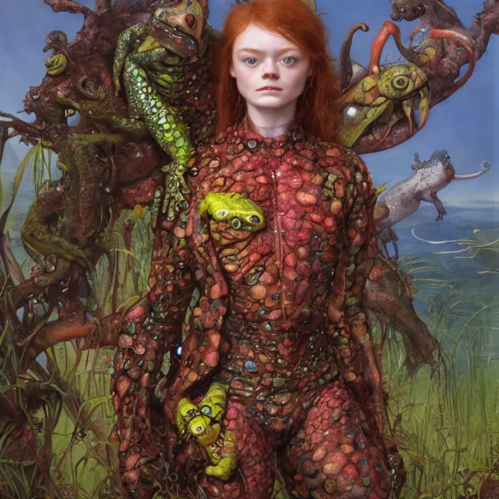 Image similar to a portrait photograph of sadie sink as a brightly colored amphibian with wet mutated skin. she wearing a tactical suit and has many body modifications. by tom bagshaw, donato giancola, hans holbein, walton ford, gaston bussiere, brian froud, peter mohrbacher and magali villeneuve. 8 k, fashion editorial, cgsociety