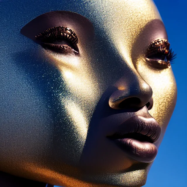 Image similar to portrait of metallic face, african woman, mercury, reflections, smooth liquid metal texture, proud looking, outdoor, nature, blue sky, 8 k, realistic, depth of field, highly detailed, art photography