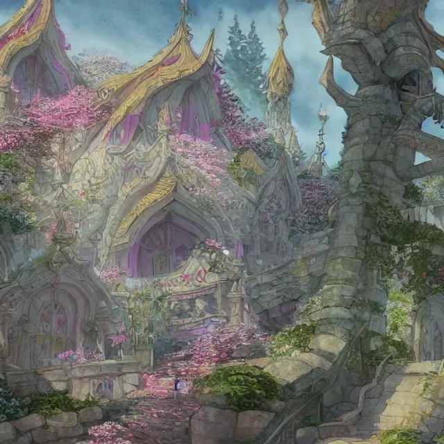 Prompt: the pastel squid palace at the blossom coast beautifully showcases elven architecture. watercolor by the award - winning concept artist