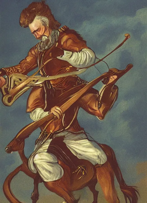 Image similar to illustration of gordan freeman as a bard, playing a lyre and riding a horse by greg rutkowki, bayard wu