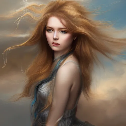 Image similar to A portrait of an attractive young female wind angel, beautiful long wavy blond hair, tumultus clouds in the back, intricate, highly detailed, elegant, digital painting, trending on artstation