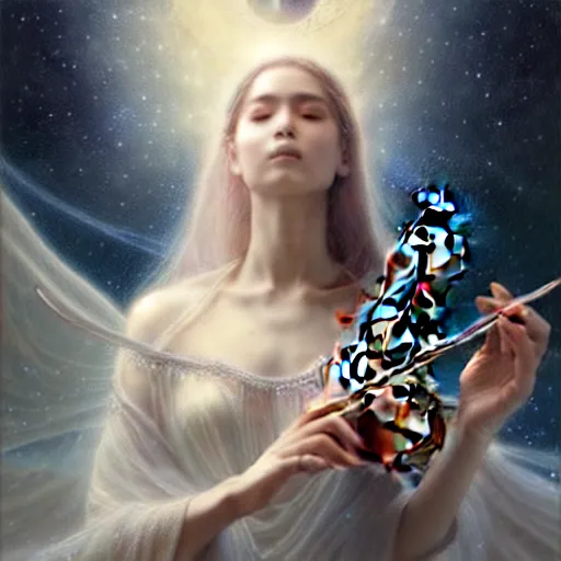 Image similar to a high quality life like portrait of a very very beautiful! celestial goddess of life playing a mystical geared violin and springing life into the universe, highly detailed, intricate, sharp focus, fantasy, mystical, dreamlike, by WLOP and greg rutkowski