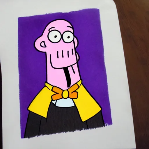 Image similar to handsome squidward, courage the cowardly dog style, strong chin, portrait