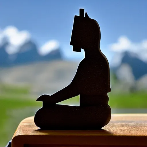 Prompt: knight chess piece playing piano, chessboard background, mountains further away