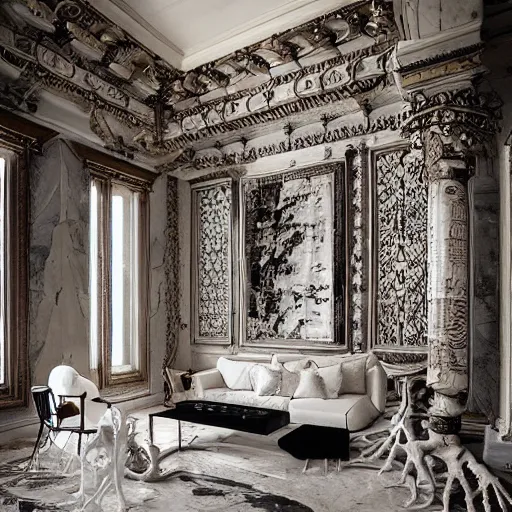 Prompt: the livingroom of a dragon bone cult, room made of marble and dragon bones, 24mm hasselblot photography, amazing interior design