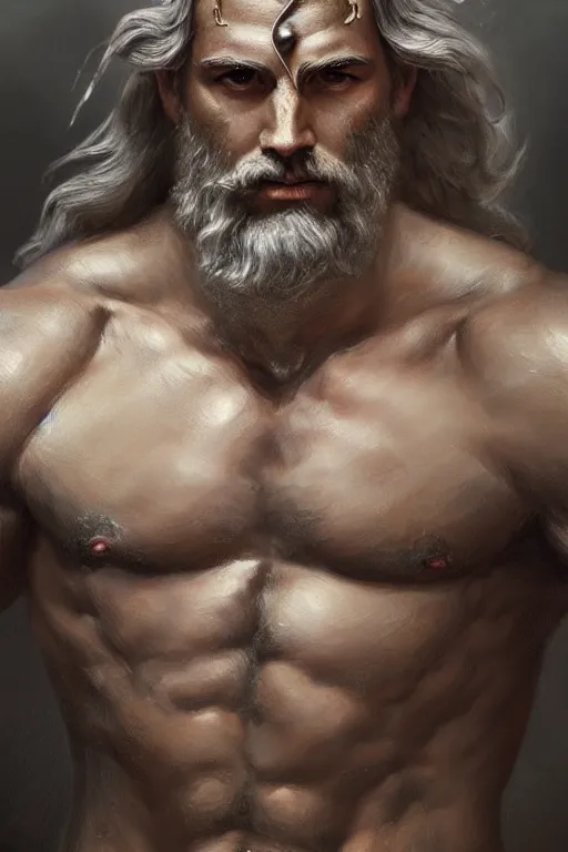 Image similar to painted portrait of rugged zeus, god of thunder, greek god, white hair, masculine, mature, handsome, upper body, muscular, hairy torso, fantasy, intricate, elegant, highly detailed, digital painting, artstation, concept art, smooth, sharp focus, illustration, art by gaston bussiere and greg rutkowski