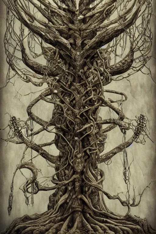 Prompt: Yggdrasil the tree of life by H R Giger and Tove Janssen, trending on artstation